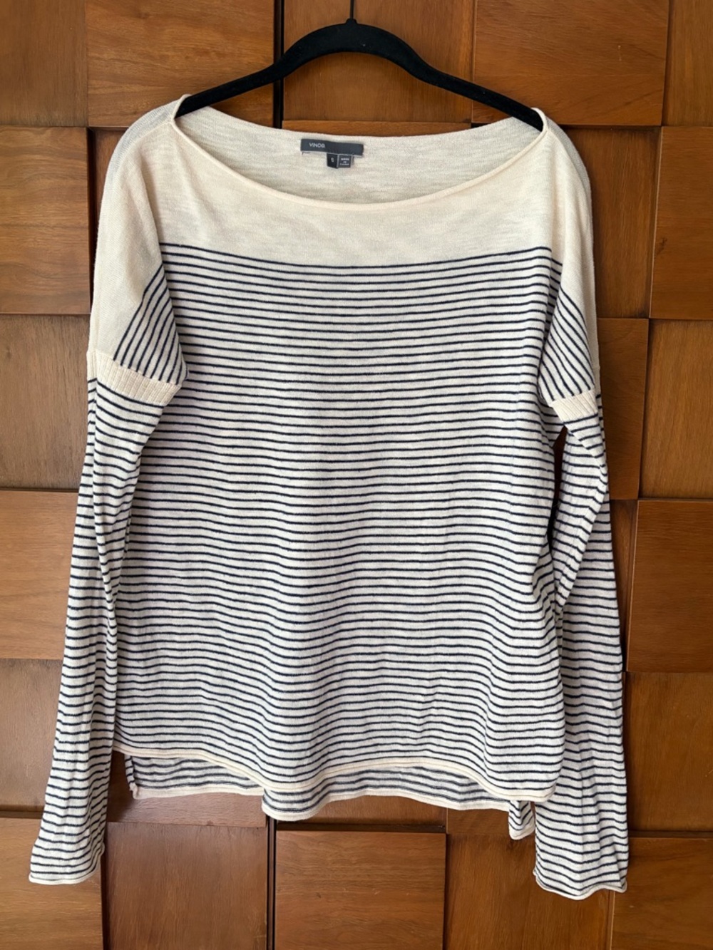 Vince Cream and Navy Striped Boatneck Long Sleeve Tee